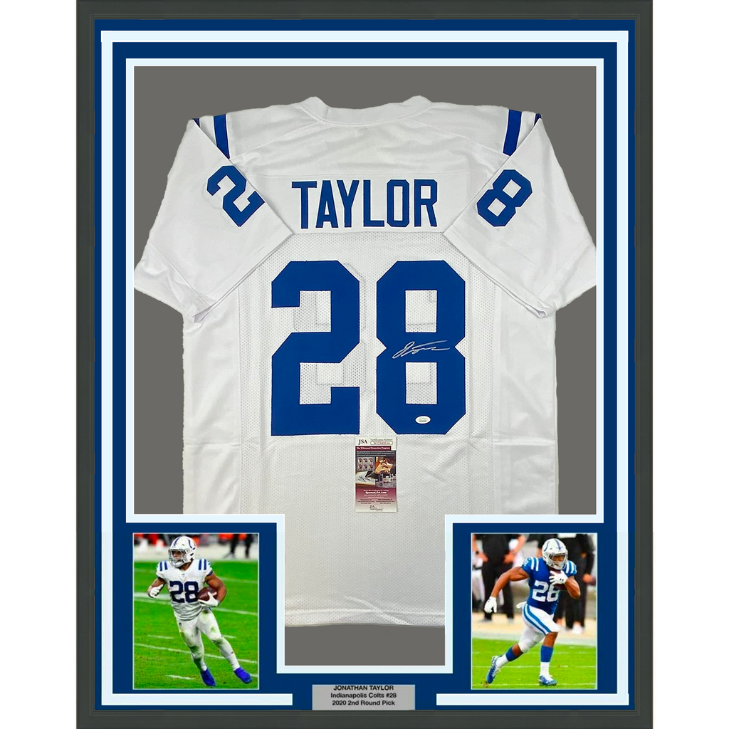 Framed Autographed/Signed Jonathan Taylor 35x39 Indianapolis White Football Jersey JSA COA