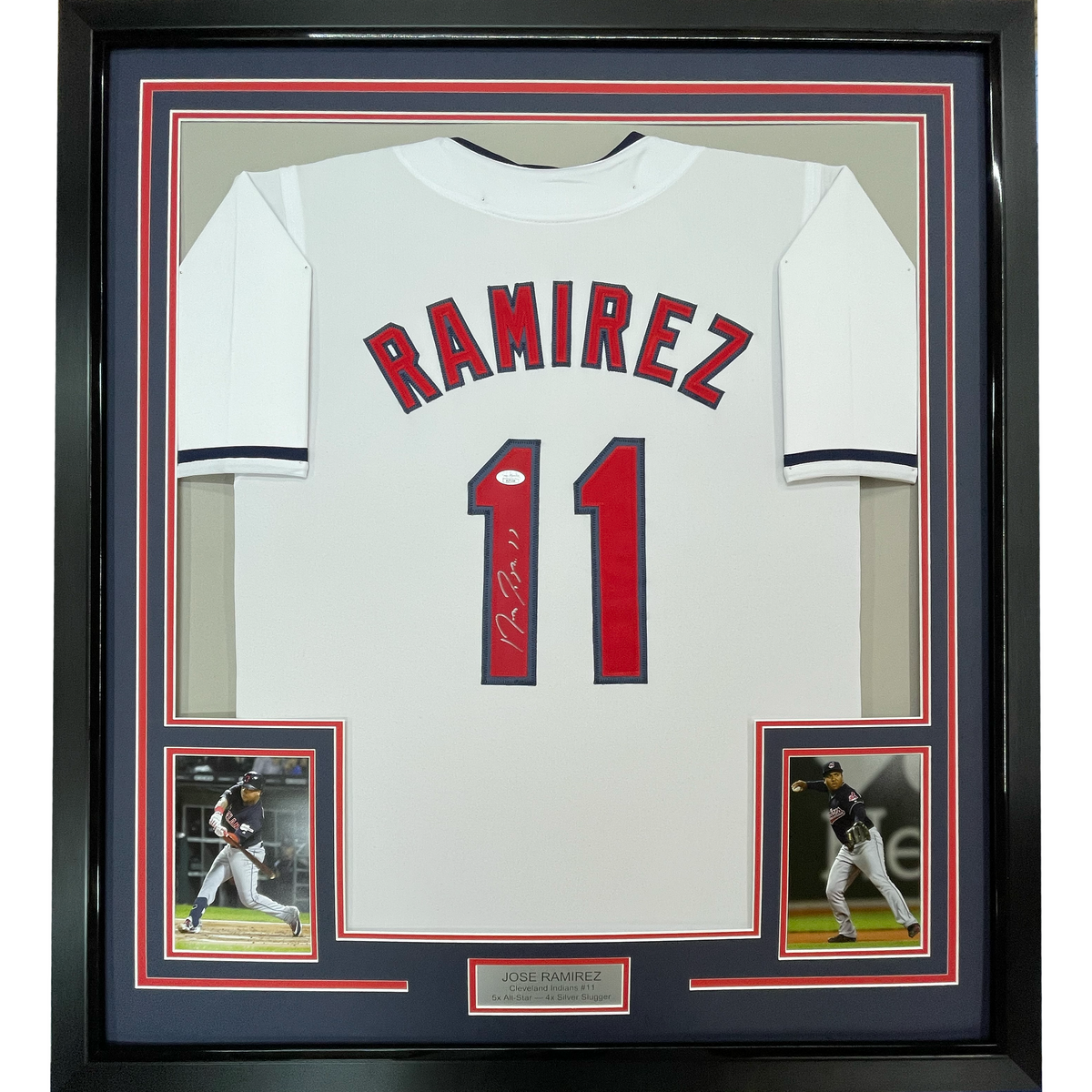 Framed Autographed/Signed Jose Ramirez 35x39 Cleveland White Baseball Jersey Beckett BAS COA