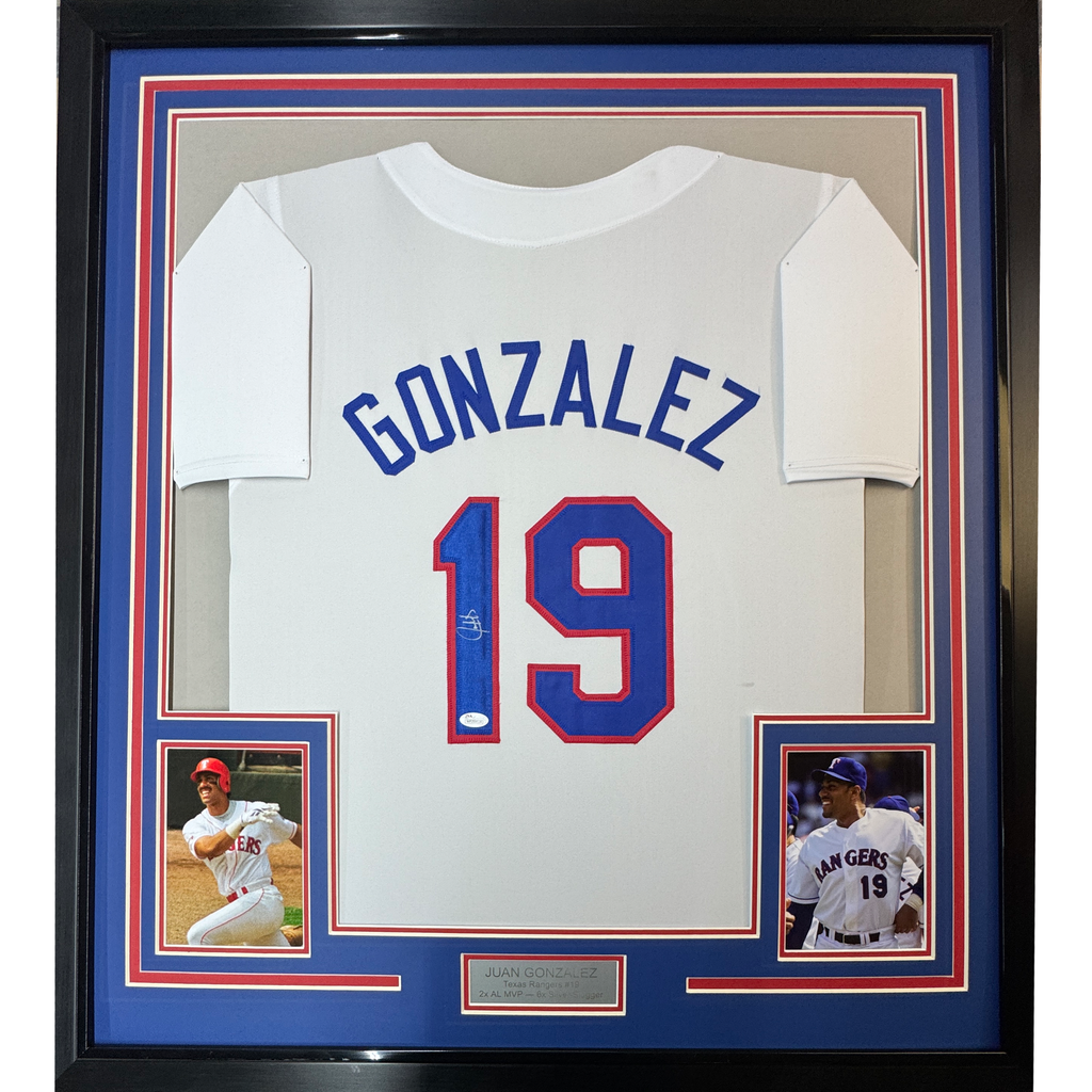 Framed Autographed/Signed Juan Gonzalez 35x39 Texas White Baseball Jersey JSA COA