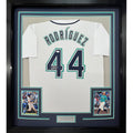 Framed Autographed/Signed Julio Rodriguez 35x39 Seattle White Baseball Jersey JSA COA