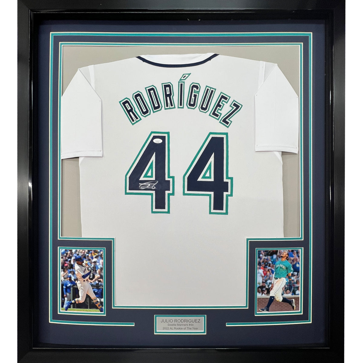 Framed Autographed/Signed Julio Rodriguez 35x39 Seattle White Baseball Jersey JSA COA