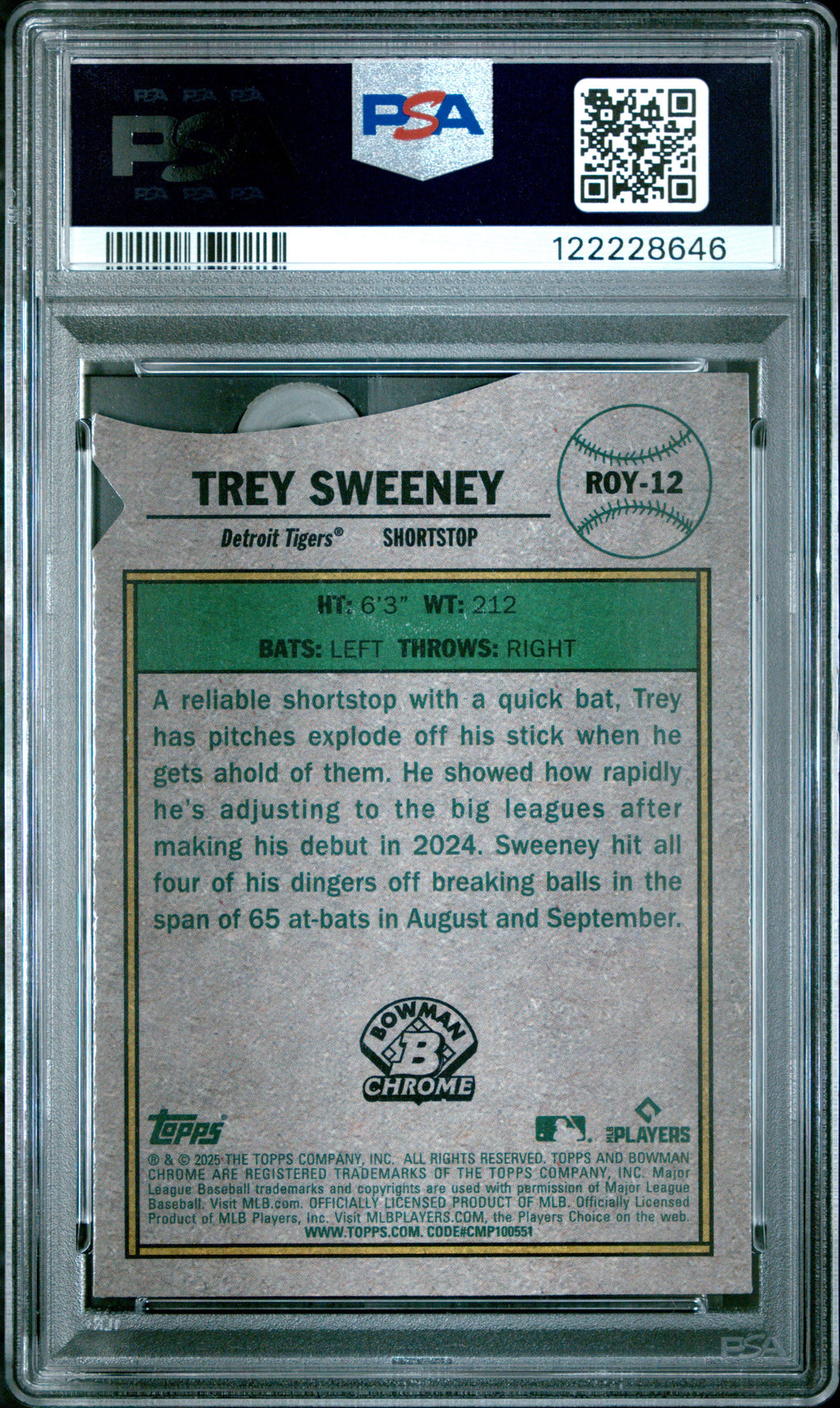 Graded 2025 Topps Bowman Trey Sweeney #ROY12 Rookie of the Year Favorite Rookie RC Baseball Card PSA 9 Mint