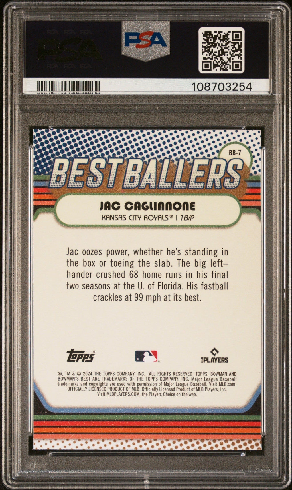 Graded 2024 Topps Bowmans Best Jac Caglianone #BB7 Best Ballers Rookie RC Baseball Card PSA 10 Gem Mint