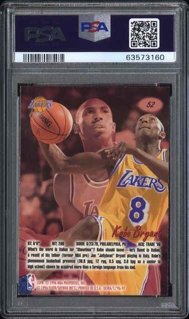 Graded 1996 Fleer Ultra Kobe Bryant #52 Rookie RC Basketball Card PSA 9 Mint