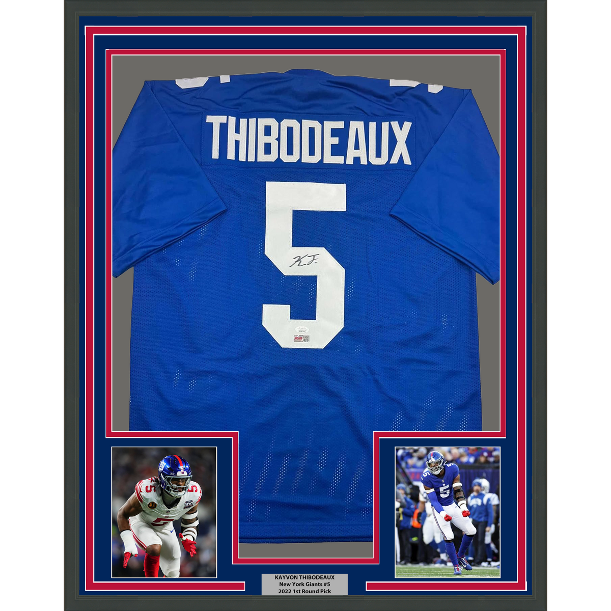 Framed Autographed/Signed Kayvon Thibodeaux 35x39 New York Blue Football Jersey JSA COA