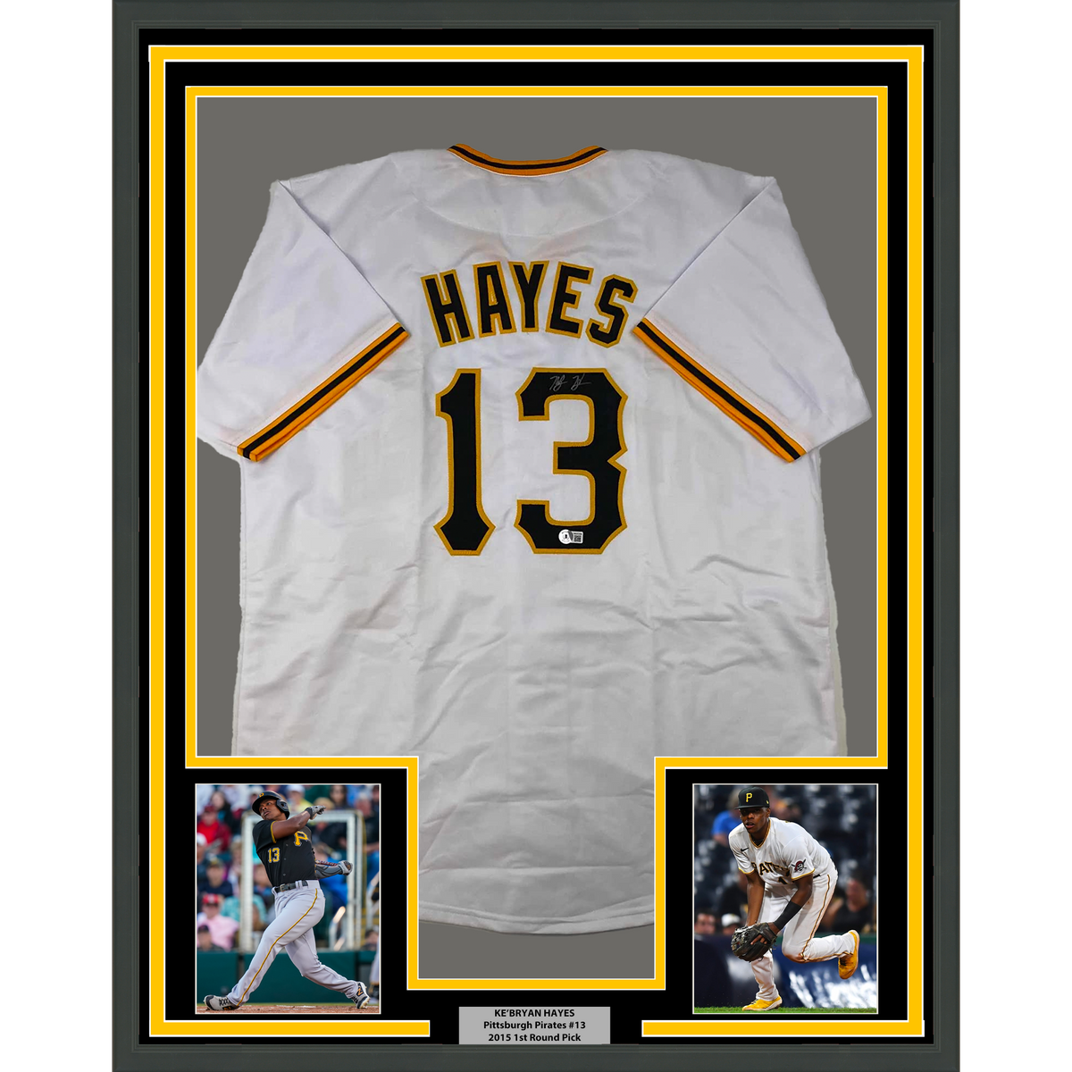 Framed Autographed/Signed Ke'Bryan Hayes 35x39 Pittsburgh White Baseball Jersey Beckett BAS COA