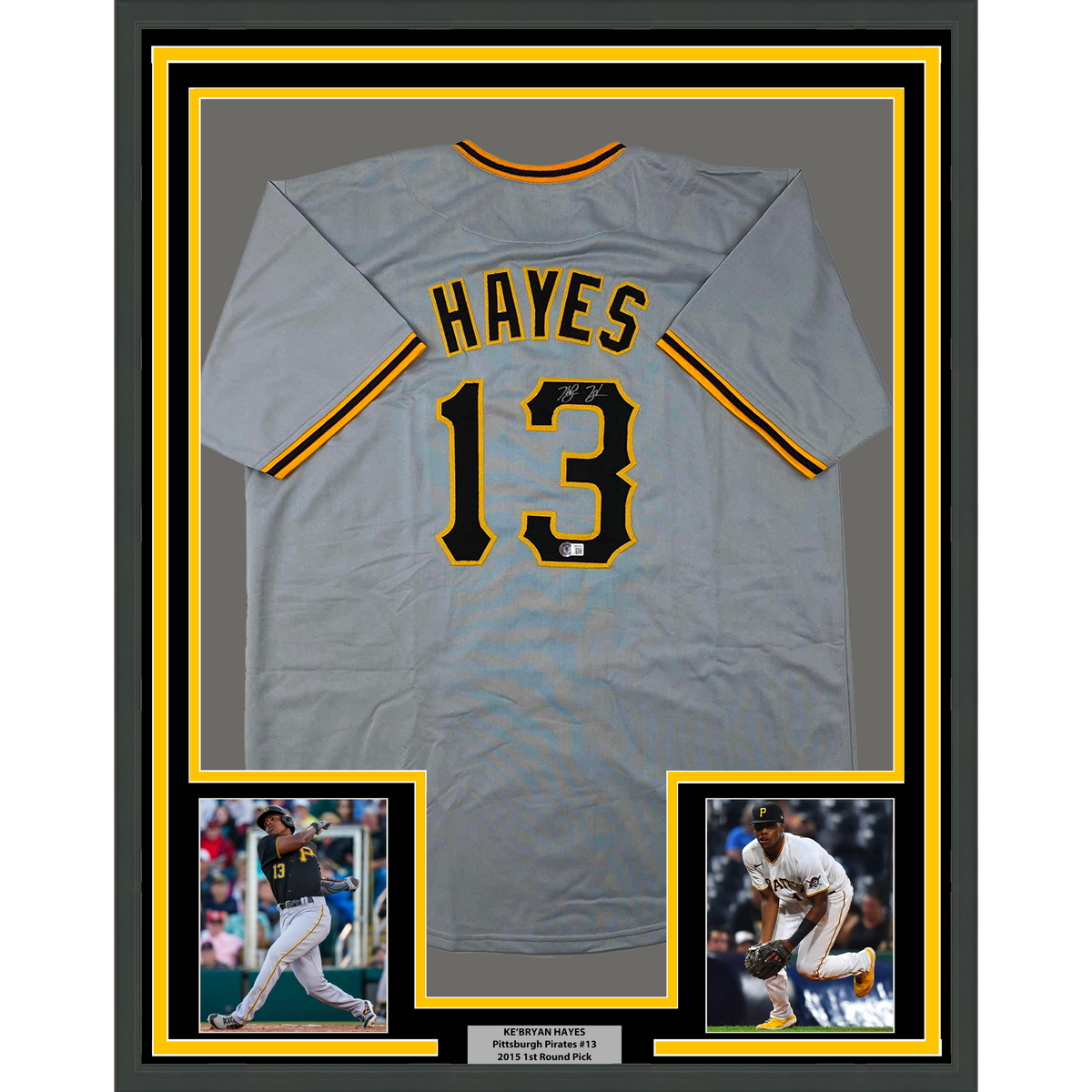 Framed Autographed/Signed Ke'Bryan Hayes 35x39 Pittsburgh Grey Baseball Jersey Beckett BAS COA