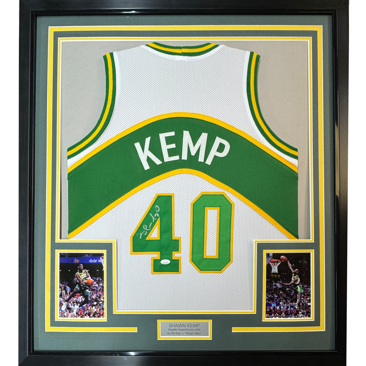 Framed Autographed/Signed Shawn Kemp 35x39 Seattle White Basketball Jersey JSA COA
