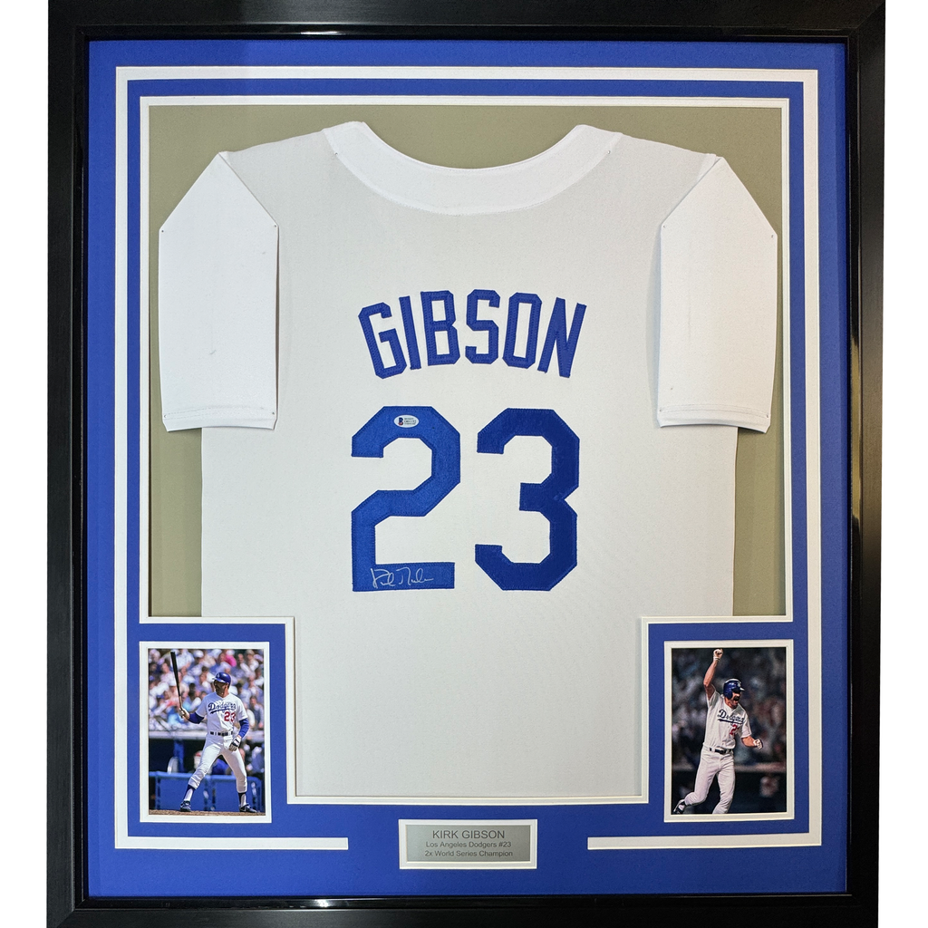 Framed Autographed/Signed Kirk Gibson 35x39 Los Angeles LA White Baseball Jersey JSA COA