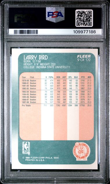 Graded 1988 Fleer Larry Bird #9 Basketball Card PSA 7 Near Mint
