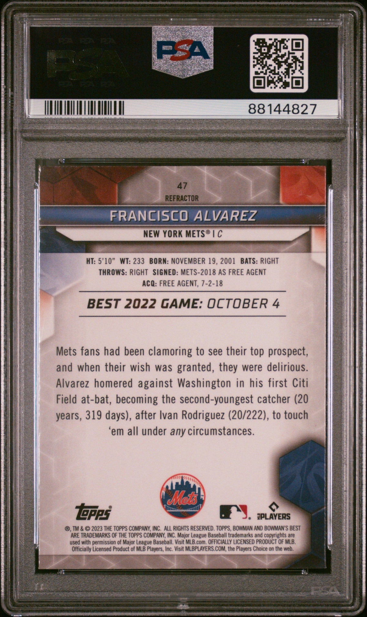 Graded 2023 Topps Bowmans Best Francisco Alvarez #47 Refractor Rookie RC Baseball Card PSA 10 Gem Mint