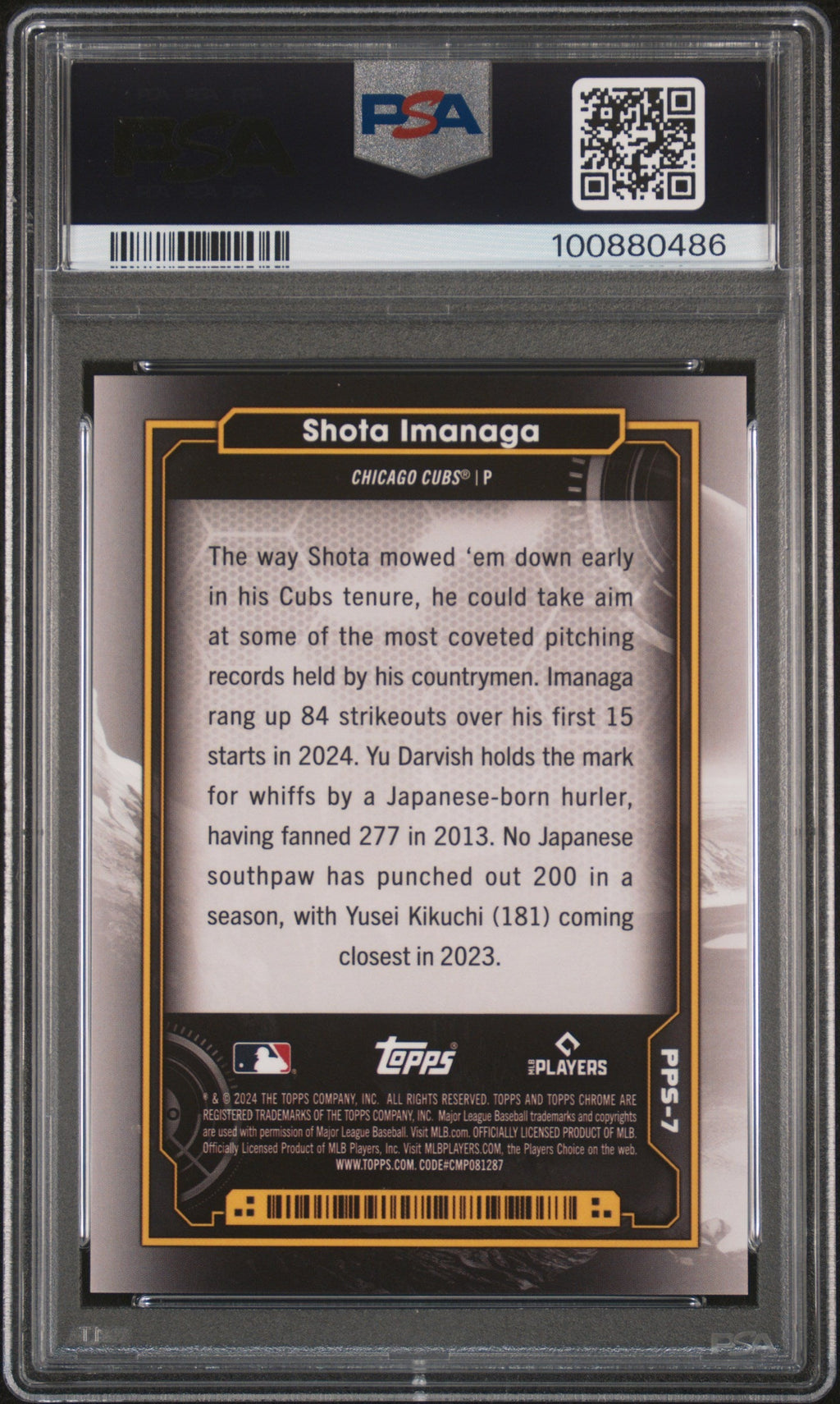 Graded 2024 Topps Chrome Cosmic Shota Imanaga #7 Planetary Pursuit The Sun Rookie RC Baseball Card PSA 10 Gem Mint