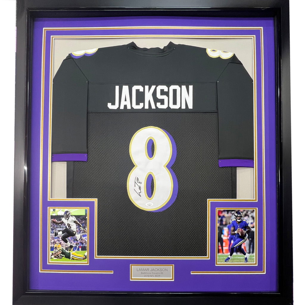 Framed Autographed/Signed Lamar Jackson 35x39 Baltimore Black Football Jersey JSA COA