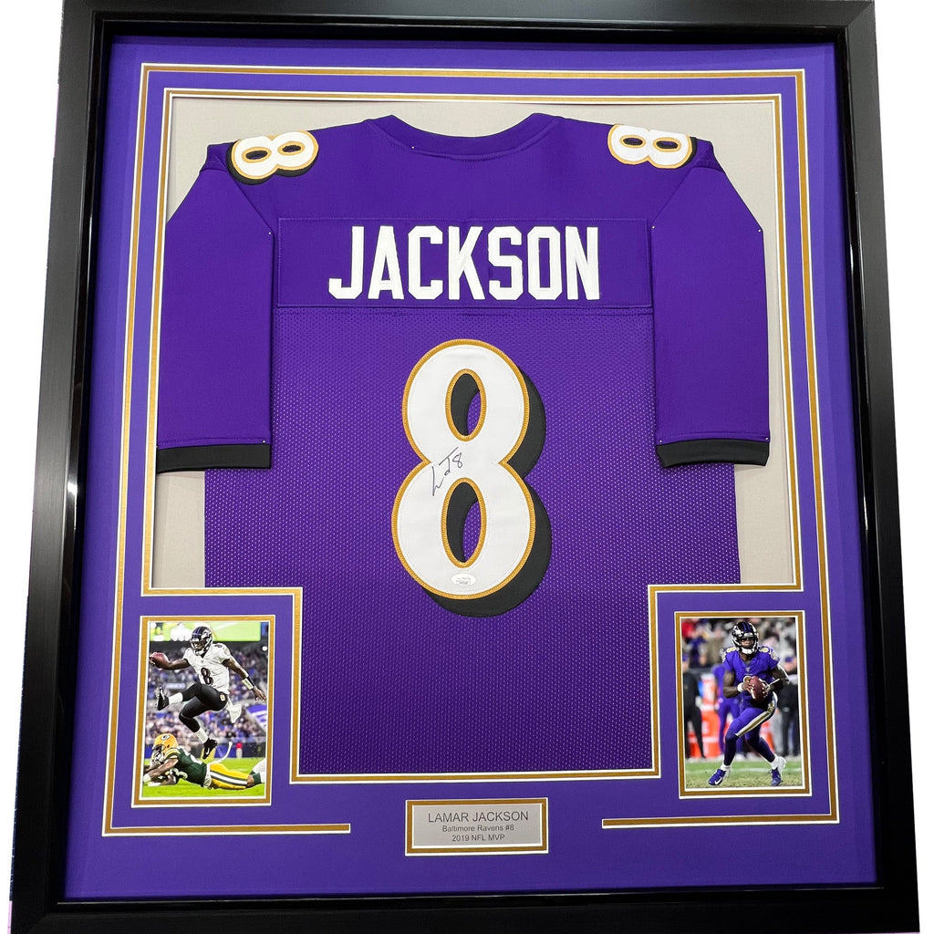 Framed Autographed/Signed Lamar Jackson 35x39 Baltimore Purple Football Jersey JSA COA