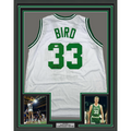 Framed Autographed/Signed Larry Bird 35x39 Boston White Basketball Jersey Beckett BAS COA