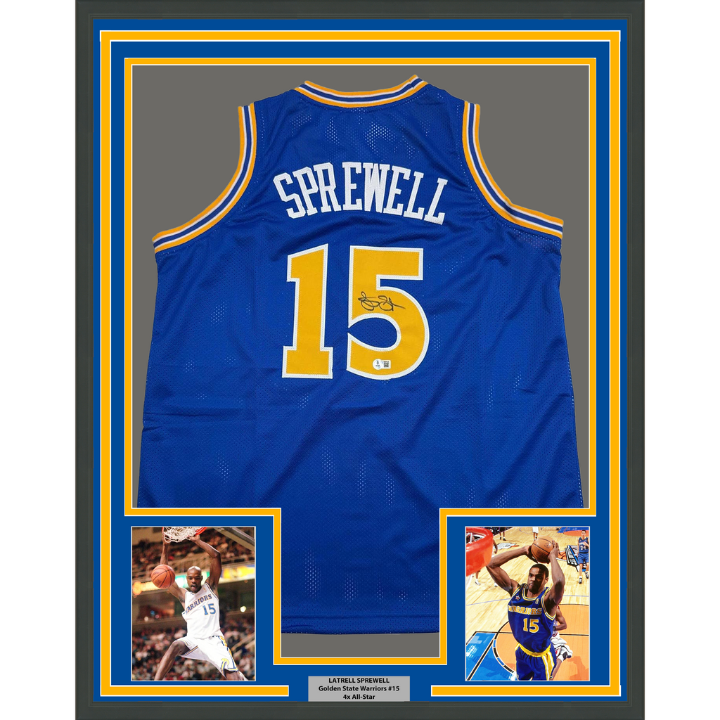 Framed Autographed/Signed Latrell Sprewell 35x39 Golden State Blue Basketball Jersey Beckett BAS COA