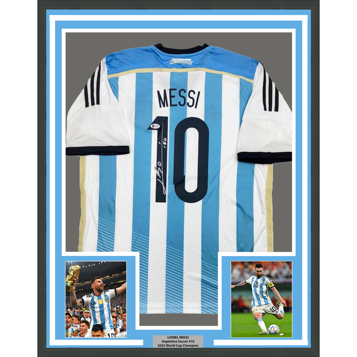 Framed Autographed/Signed Lionel Leo Messi 35x39 Argentina Blue/White Soccer Jersey Beckett BAS COA