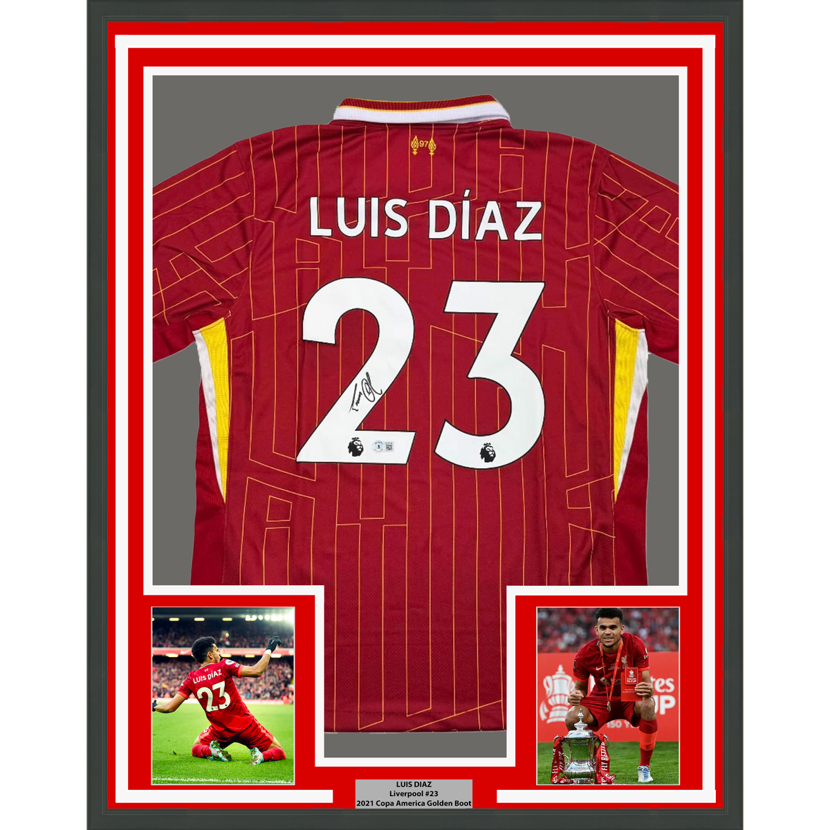Framed Autographed/Signed Luis Diaz 35x39 Liverpool Red Soccer Jersey Beckett BAS COA
