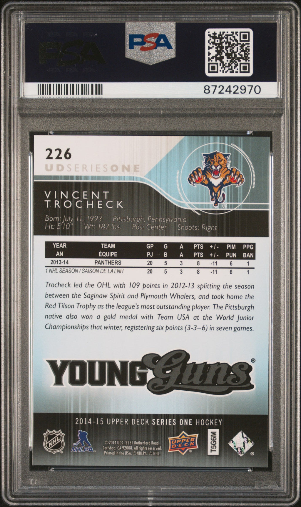 Graded 2014 Upper Deck Vincent Trocheck #226 Young Guns Hockey Card PSA 10 Gem Mint