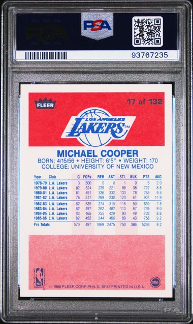 Graded 1986 Fleer Michael Cooper #17 Basketball Card PSA 9 Mint