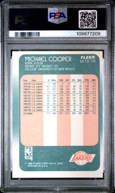 Graded 1988 Fleer Michael Cooper #65 Basketball Card PSA 8 NM-MT