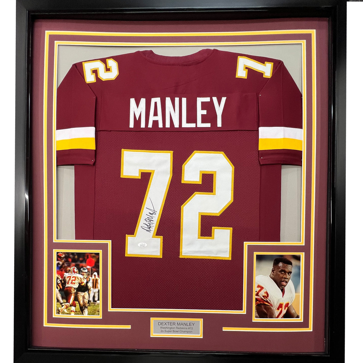 Framed Autographed/Signed Dexter Manley 35x39 Washington Burgundy Football Jersey JSA COA