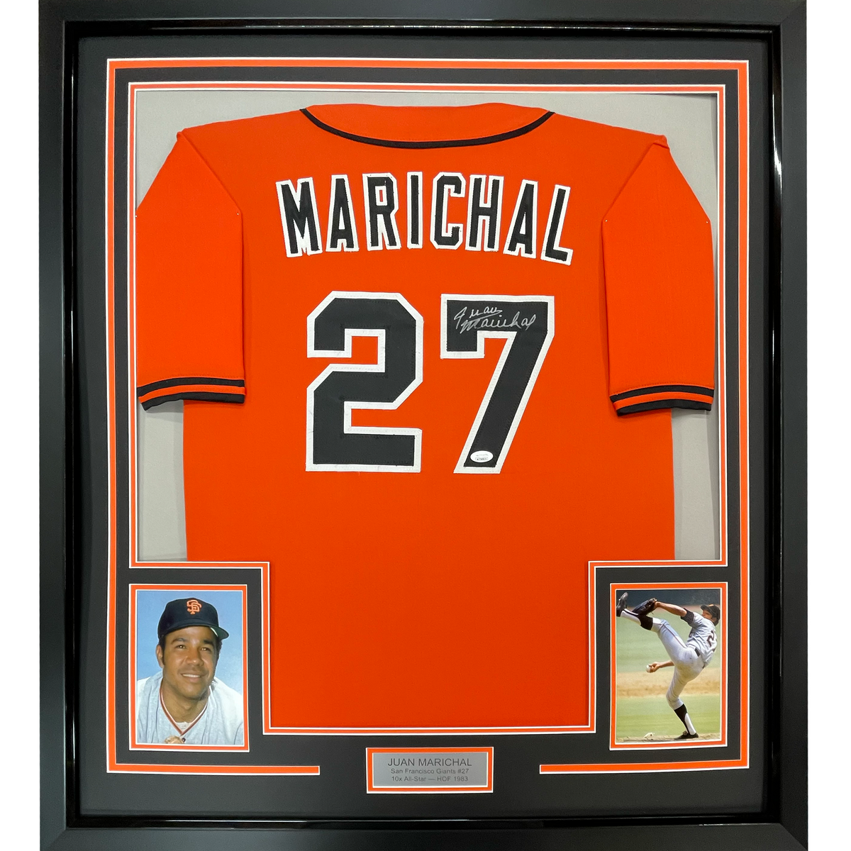 Framed Autographed/Signed Juan Marichal 35x39 San Francisco Orange Baseball Jersey JSA COA