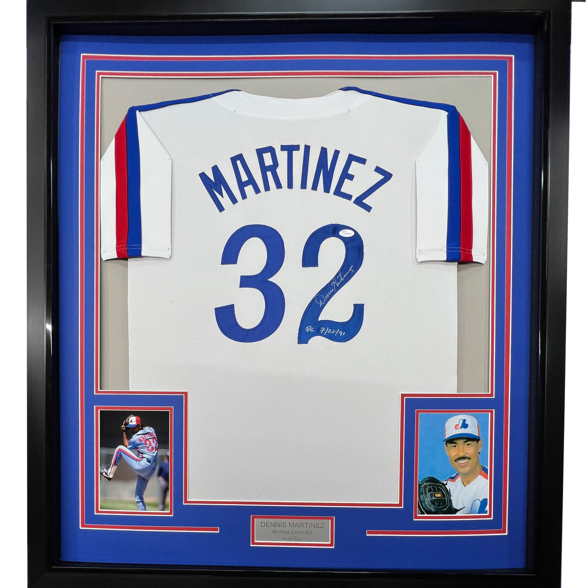 Framed Autographed/Signed Dennis Martinez 35x39 Montreal White Baseball Jersey JSA COA