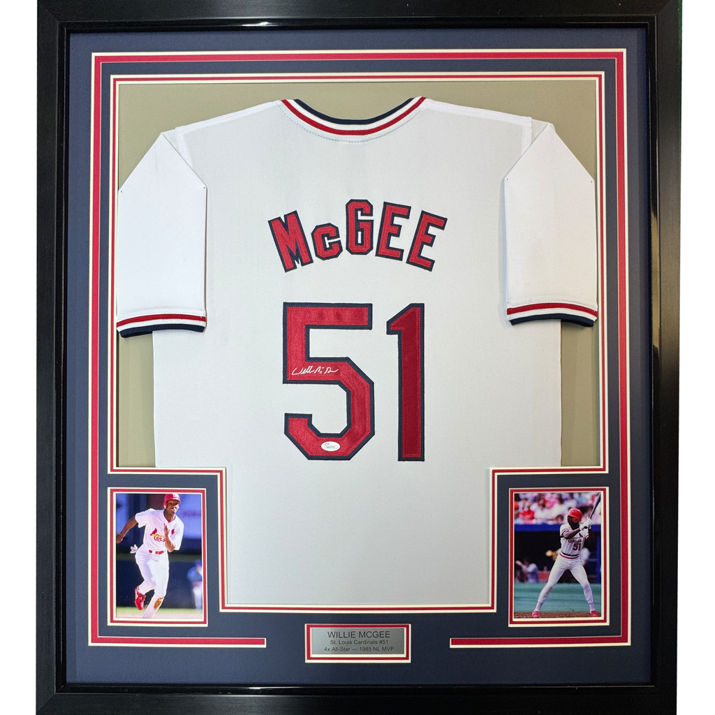 Framed Autographed/Signed Willie McGee 35x39 St. Louis White Baseball Jersey JSA COA
