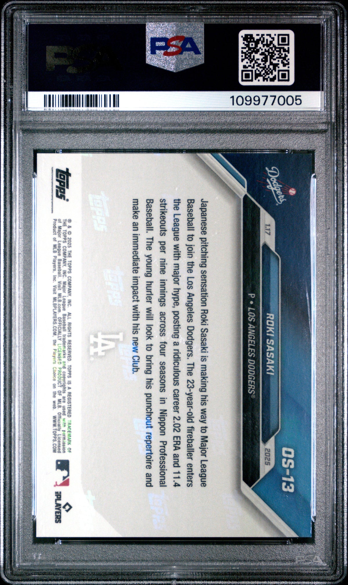 Graded 2024 Topps Now Roki Sasaki #OS13 Offseason Rookie RC Baseball Card PSA 9 Mint