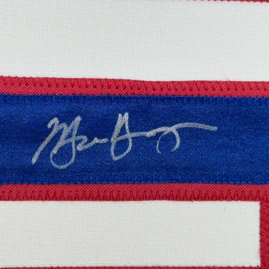 Framed Autographed/Signed Michael Young 35x39 Texas White Baseball Jersey JSA COA