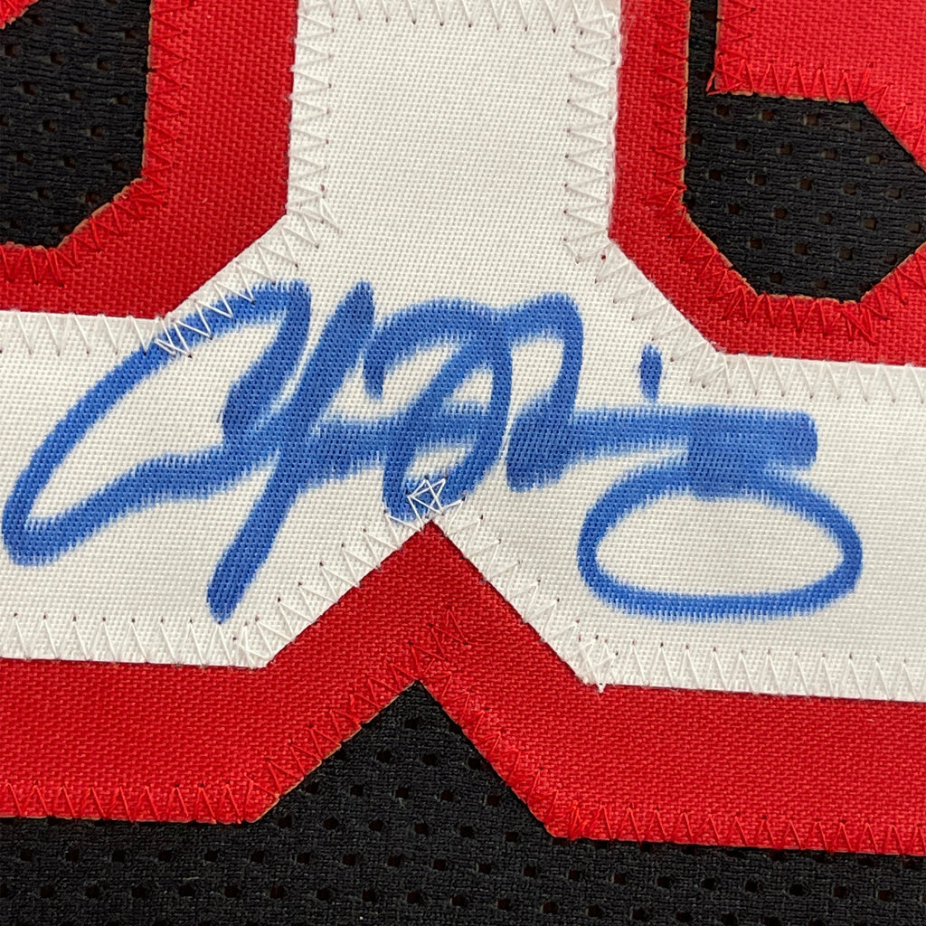 Framed Autographed/Signed Alonzo Mourning 35x39 Miami Black Basketball Jersey JSA COA