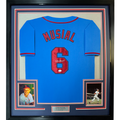 Framed Autographed/Signed Stan Musial 35x39 St. Louis Blue Baseball Jersey JSA COA