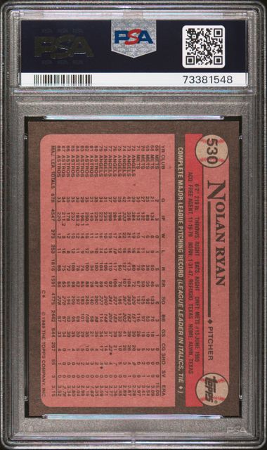 Graded 1989 Topps Nolan Ryan #530 Baseball Card PSA 8 NM-MT