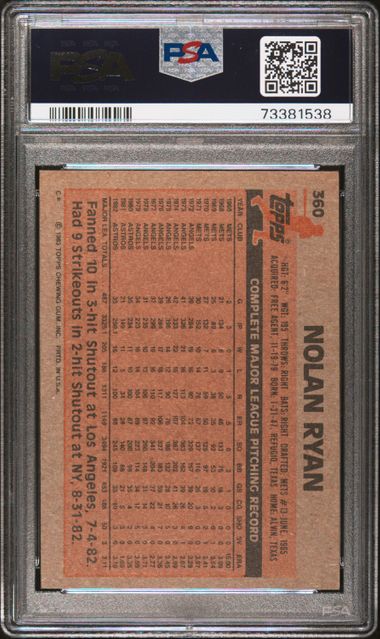 Graded 1983 Topps Nolan Ryan #360 Baseball Card PSA 7 Near Mint