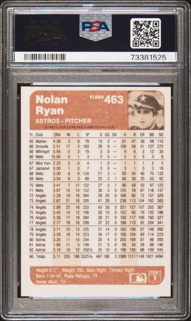 Graded 1983 Fleer Nolan Ryan #463 Baseball Card PSA 8 NM-MT