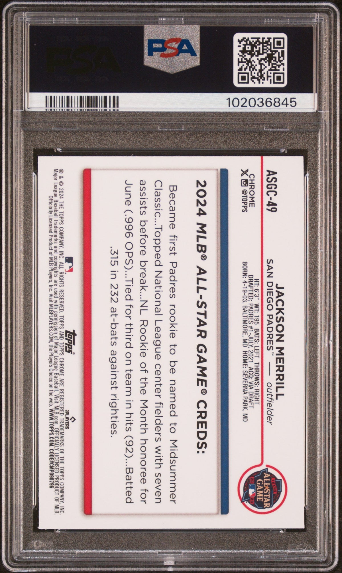 Graded 2024 Topps Chrome Update Jackson Merrill #49 2024 All Star Game Rookie RC Baseball Card PSA 10 Gem Mint