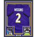 Framed Autographed/Signed Nate Wiggins 35x39 Baltimore Purple Football Jersey JSA COA