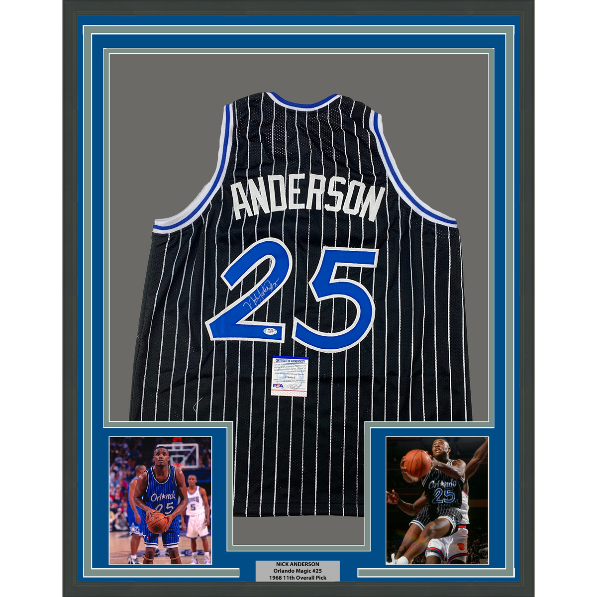 Framed Autographed/Signed Nick Anderson 35x39 Orlando Black Pinstripe Basketball Jersey PSA/DNA COA