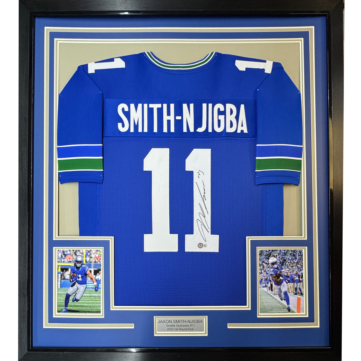 Framed Autographed/Signed Jaxon Smith-Njigba 35x39 Seattle Blue Retro Football Jersey Beckett BAS COA