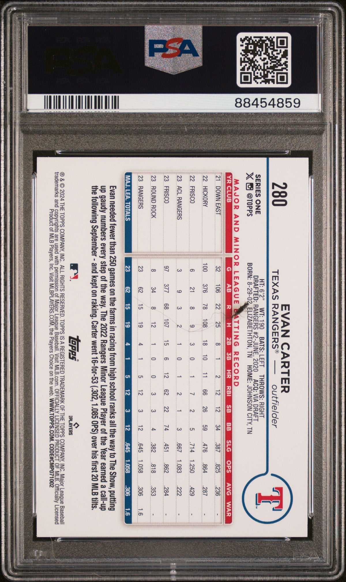 Graded 2024 Topps Evan Carter #280 Rookie RC Baseball Card PSA 9 Mint