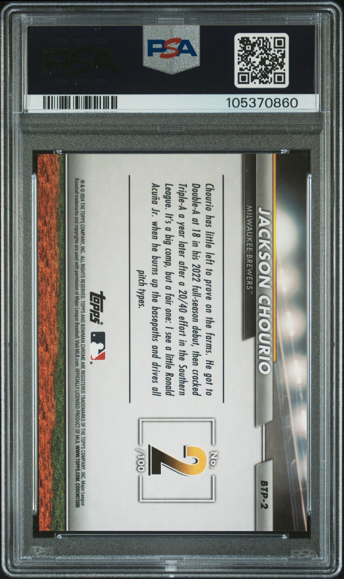 Graded 2024 Topps Bowman Jackson Chourio #BTP2 Scouts Top 100 Aqua Refractor #/125 Rookie RC Baseball Card PSA 10 Gem Mint