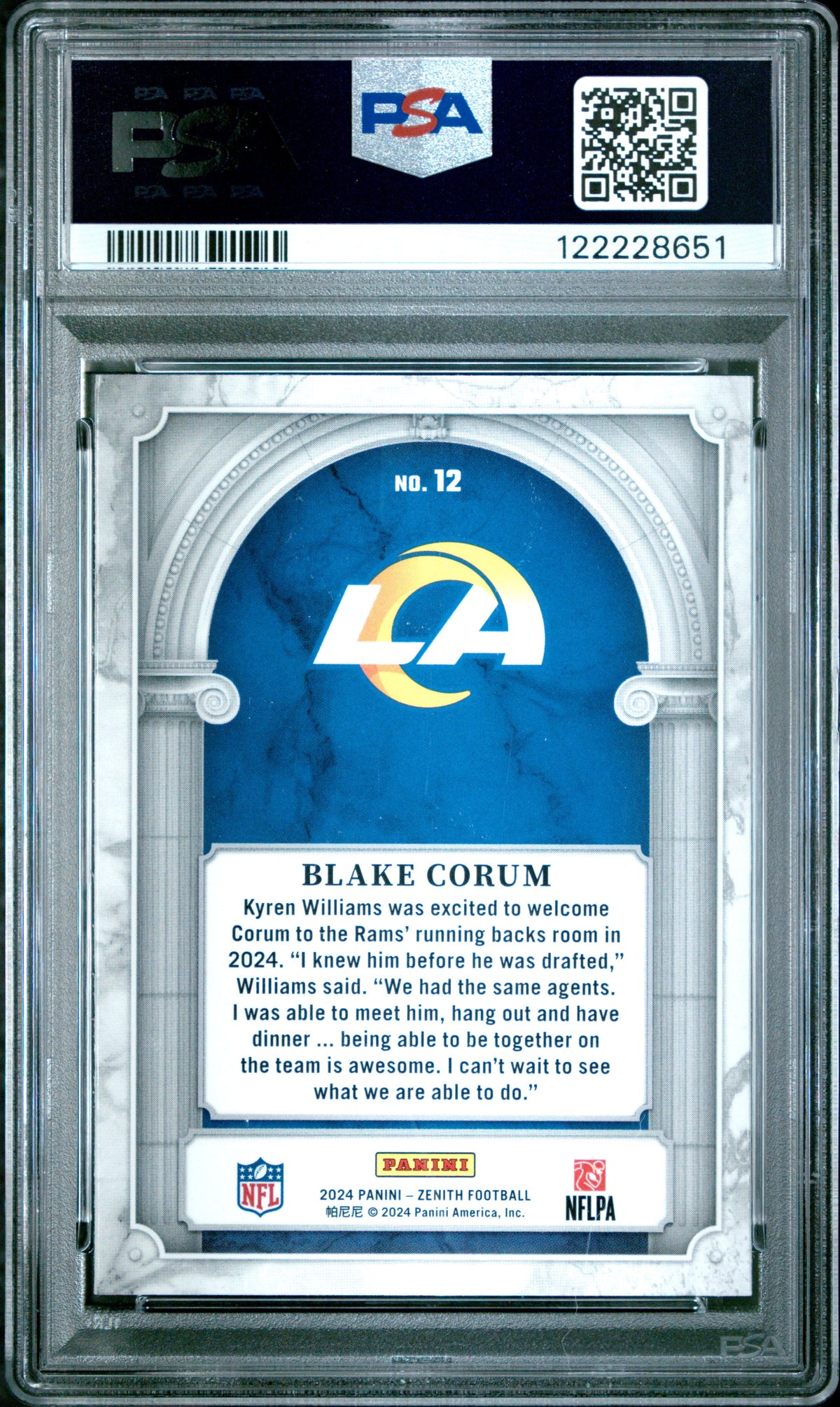 Graded 2024 Panini Zenith Blake Corum #12 Z Marquee Rookie RC Football Card PSA 9 Mint