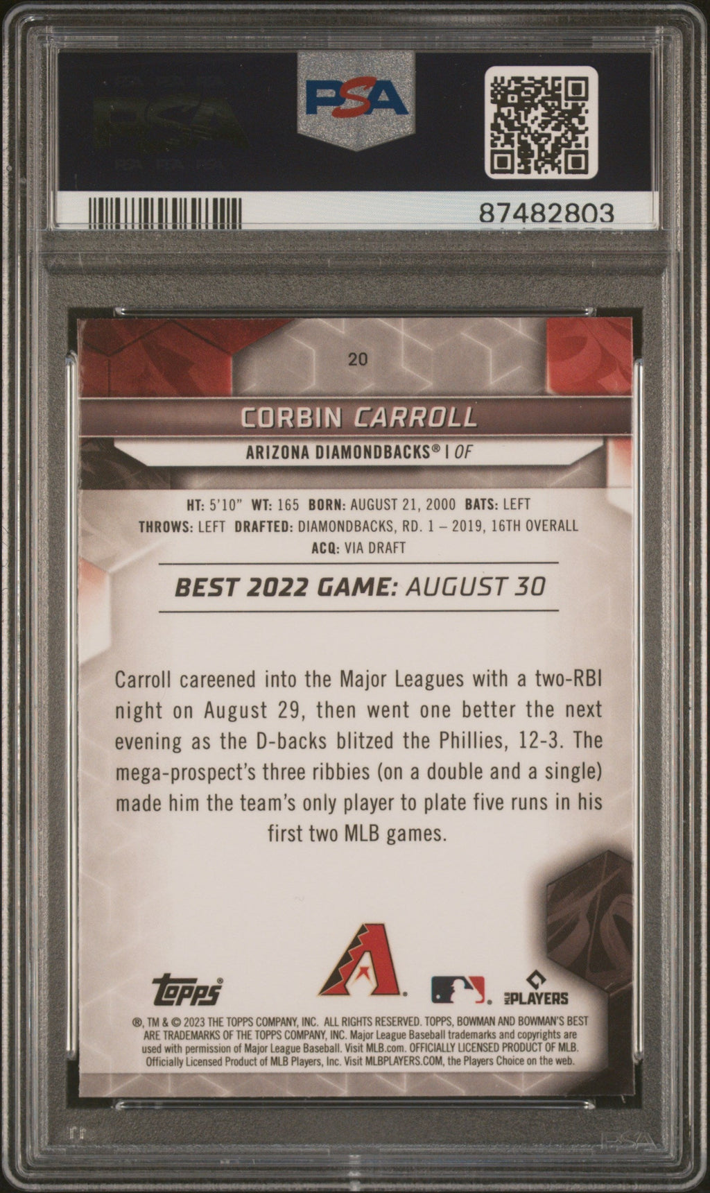 Graded 2023 Topps Bowmans Best Corbin Carroll #20 Rookie RC Baseball Card PSA 10 Gem Mint