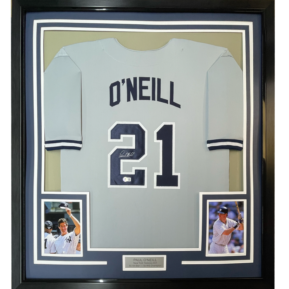 Framed Autographed/Signed Paul O'Neill 35x39 New York Grey Baseball Jersey JSA COA