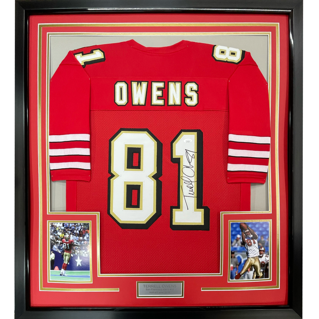 Framed Autographed/Signed Terrell Owens 35x39 San Francisco Red Football Jersey JSA COA