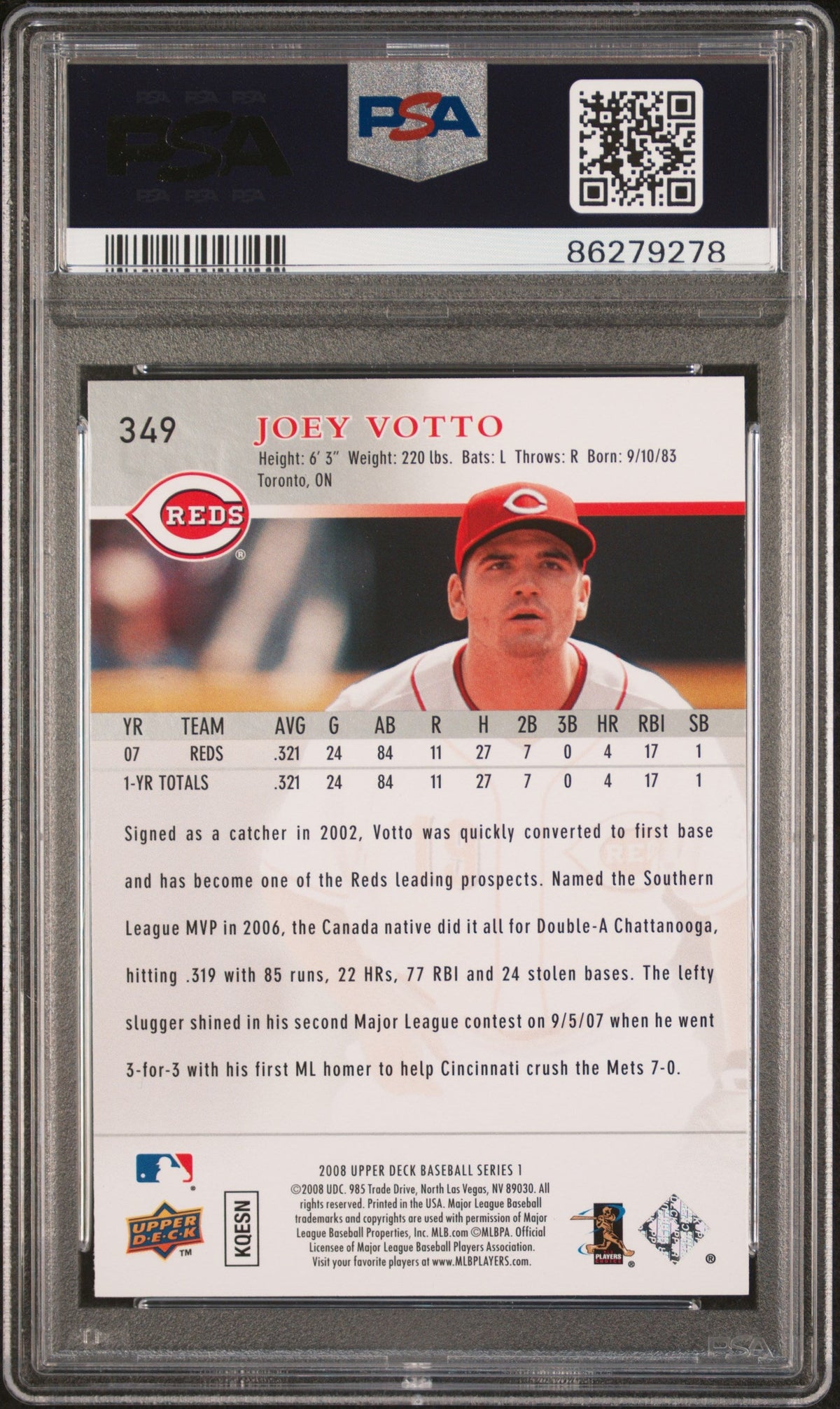 Graded 2008 Upper Deck Joey Votto #349 Rookie RC Baseball Card PSA 10 Gem Mint