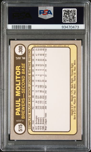 Graded 1981 Fleer Paul Molitor #515 Baseball Card PSA 5 Excellent