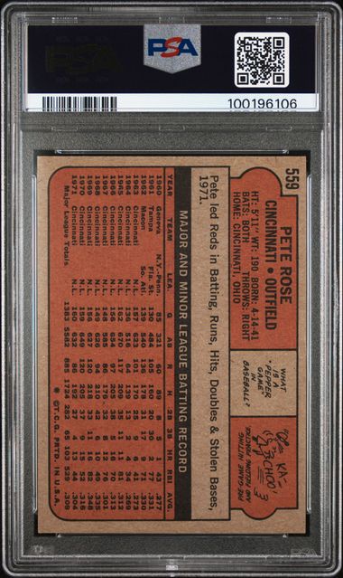Graded 1972 Topps Pete Rose #559 Baseball Card PSA 5 Excellent