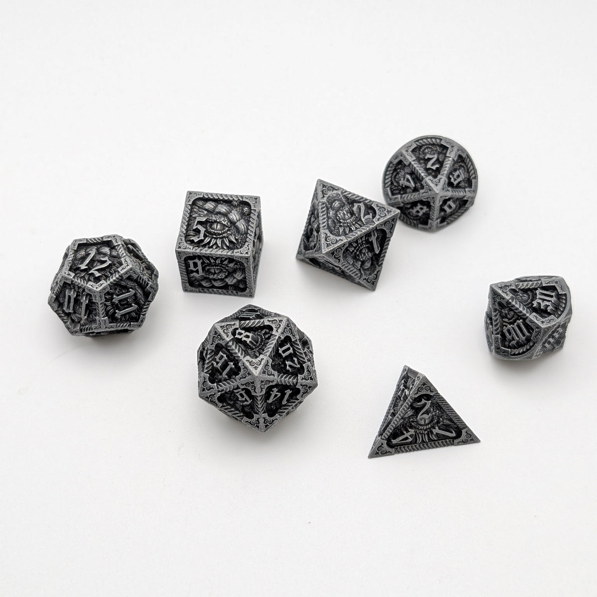 Elder Scroll (Silver) - 7 Piece DnD Dice Set | Metal RPG Gaming Dice